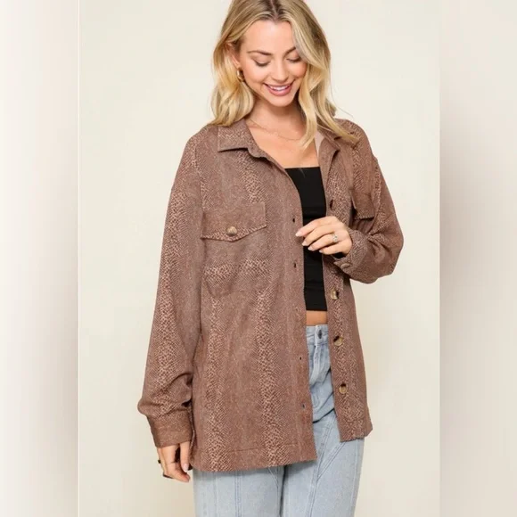 Womens Oversized Brown Button-Front Shacket Jacket - Picture 4 of 5